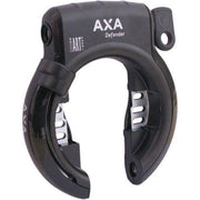 Zwarte Axa Defender ringslot met glanzende afwerking, beveiligingsslot voor fietsen, zichtbaar in de afbeelding.