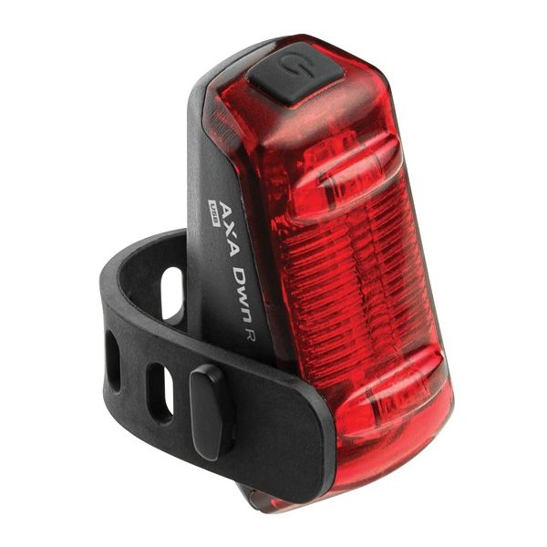 Zwart Axa Dwn USB-C oplaadbaar achterlicht met 1 Lux verlichting, geschikt voor fietsveiligheid.