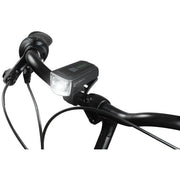 Axa DWN oplaadbare USB koplamp met verstelbare hoofdband en heldere LED-verlichting voor veilig fietsen in het donker.