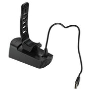 Axa DWN USB-C oplaadbare koplamp en achterlicht verlichtingsset voor fietsen, zwart met verstelbare banden en batterijindicator.