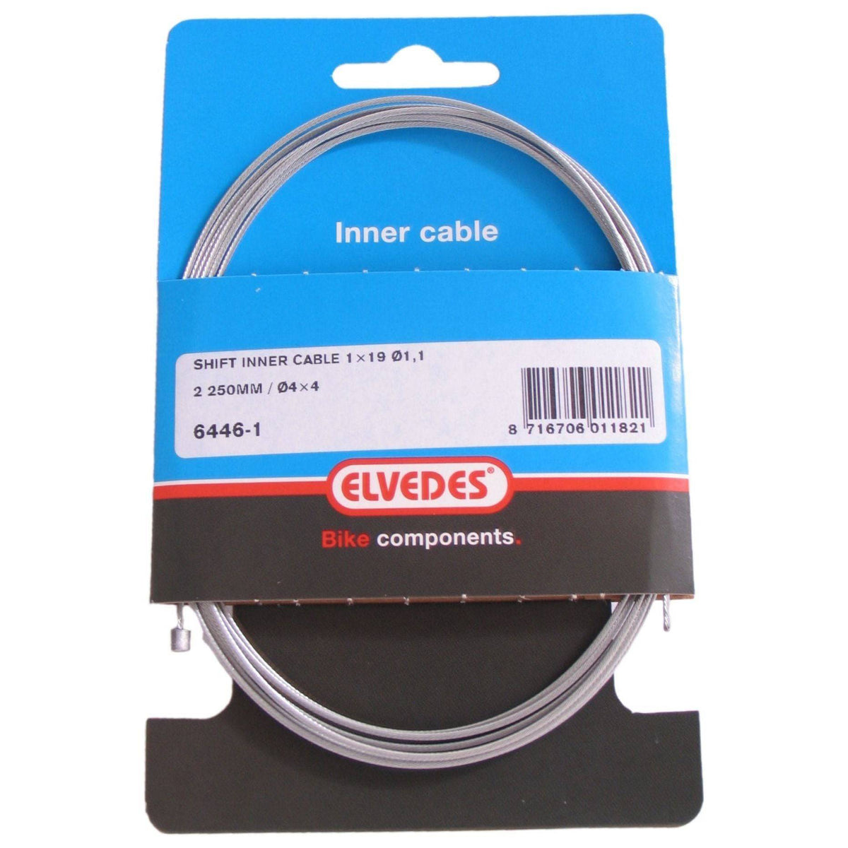 Elvedes binnenversnellingskabel voor derailleur, verzinkt, 2250 mm lang en 1,1 mm diameter, zichtbaar op de afbeelding