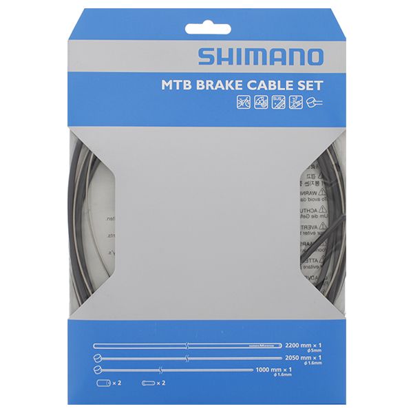 Shimano MTB remkabelset met roestvrijstalen kabels in zwart voor mountainbikes, inclusief remkabels en bevestigingsmaterialen.