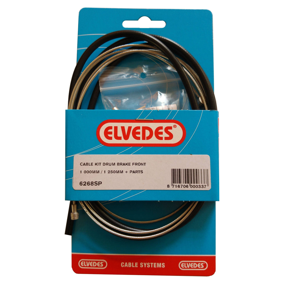 Zwart Elvedes remkabel voor trommelrem, verzinkt staal, 1000 mm of 1250 mm lengte, geschikt voor fietsremmen.
