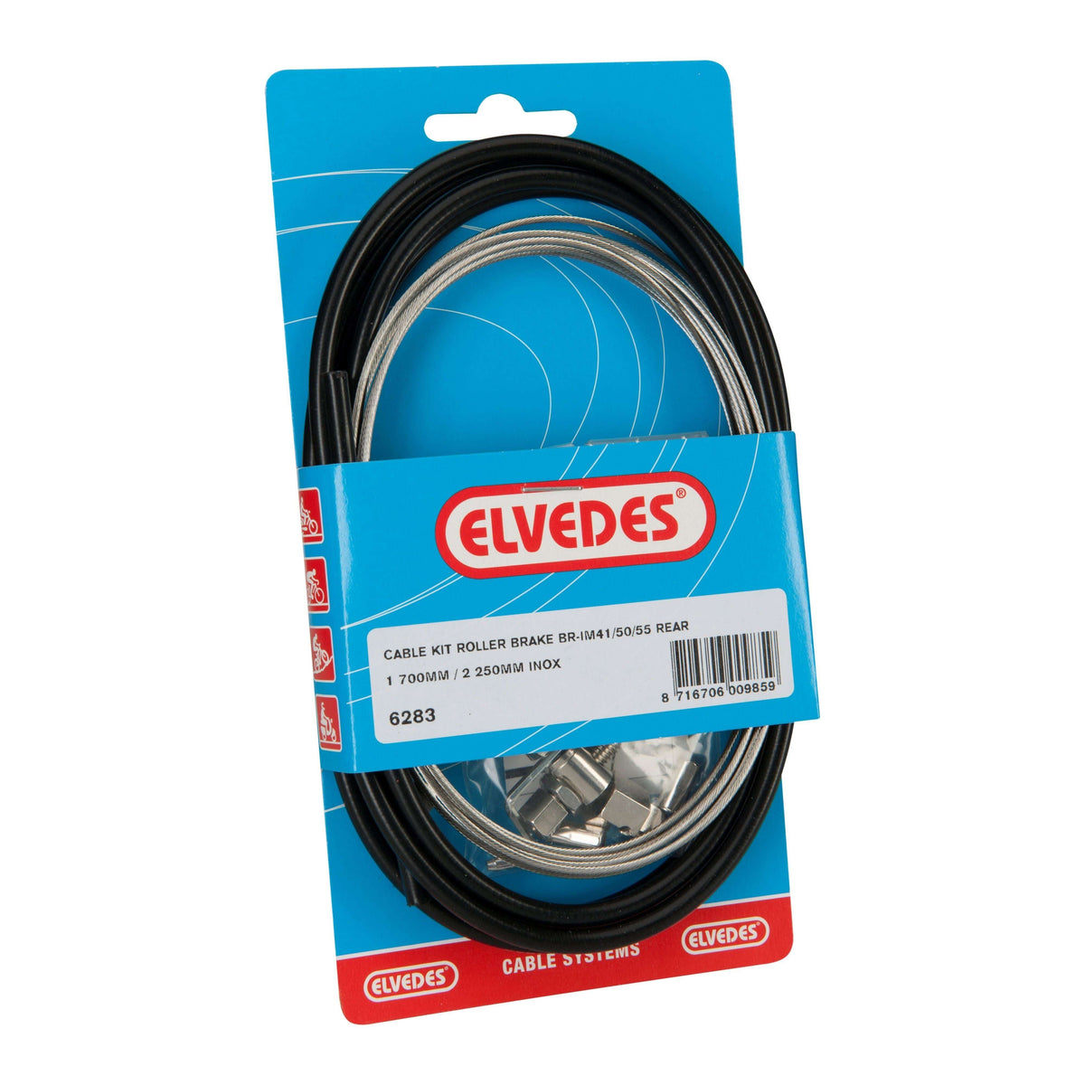 Elvedes rollerbrake remkabel kit met 1700mm en 2250mm kabel, geschikt voor fietsremmen, zichtbaar in de afbeelding.