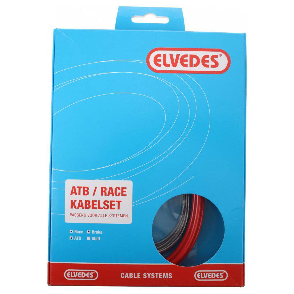 Elvedes remkabelset voor ATB en racefietsen, compleet in rood in doosje, inclusief alle benodigde kabels en accessoires.