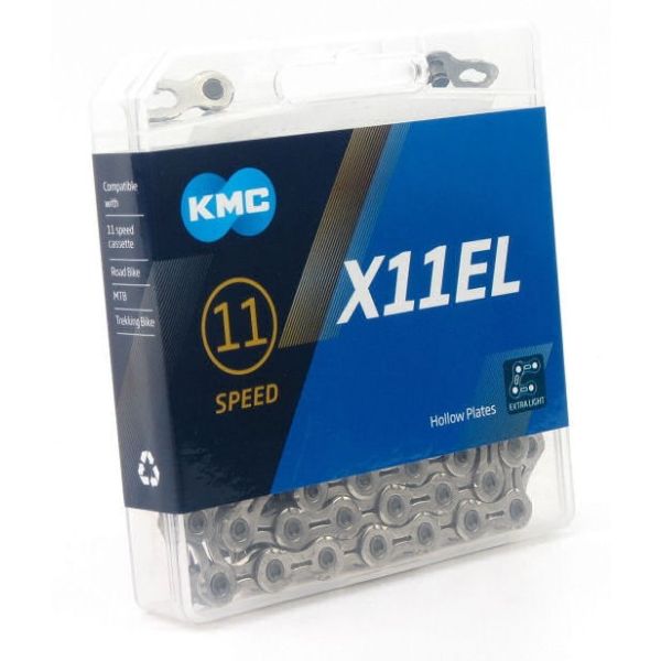 Kmc 11-speed fietsketting X11El met 118 schakels, geschikt voor snelle en soepele fietsversnellingen.