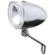 Spanninga Trendo Xdo koplamp met 10 Lux in chroom, zichtbaar op het fietsframe voor veilig fietsen.