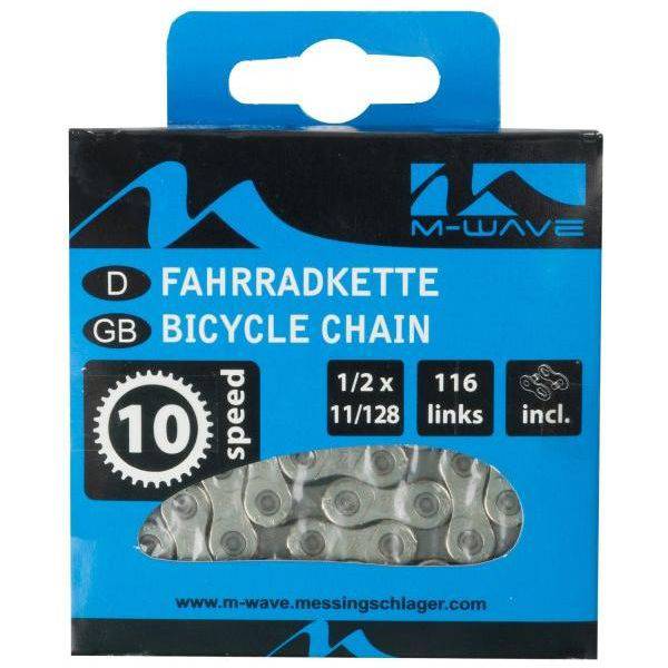 M-Wave 10-speed fietsketting met 116 schakels, geschikt voor racefietsen en mountainbikes, zichtbaar in de afbeelding.