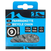 M-Wave 9-speed fietsketting met 116 schakels voor betrouwbare schakelingen en soepel fietsen.