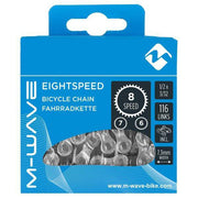 M-Wave 8-speed fietsketting met 116 schakels, geschikt voor onderhoud en vervanging van fietskettingen.