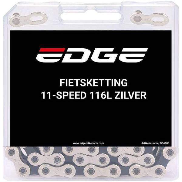 Edge 11-speed fietsketting CHN-004 met 116 schakels in zilver, geschikt voor snelle racefietsen en MTB's.
