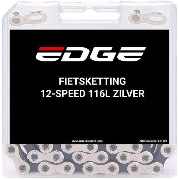 Edge 12-speed fietsketting staal in zilver, geschikt voor snelle en soepele schakeling op racefietsen.