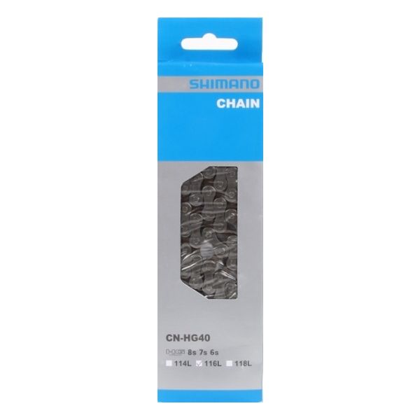 Shimano CN-HG40 8-speed ketting met 116 schakels, geschikt voor 6/7/8 speed fietsen, zichtbaar op de afbeelding.