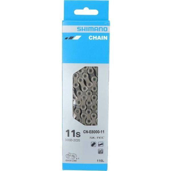 Shimano 11-speed fietsketting CN-E8000 voor e-bike met quick link, duurzame en soepele schakeling, zwart met metalen schakels.