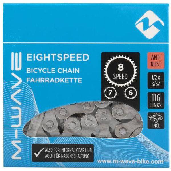 M-Wave ketting 8 snelheden, 116 links, anti-roest met sluitchakel, geschikt voor fietsen, zichtbaar in de afbeelding