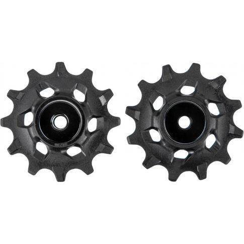 Sram Xx1 Blackbox keramische derailleurwieltjes voor 11-speed, zwart en compact, zichtbaar in close-up op de fiets.
