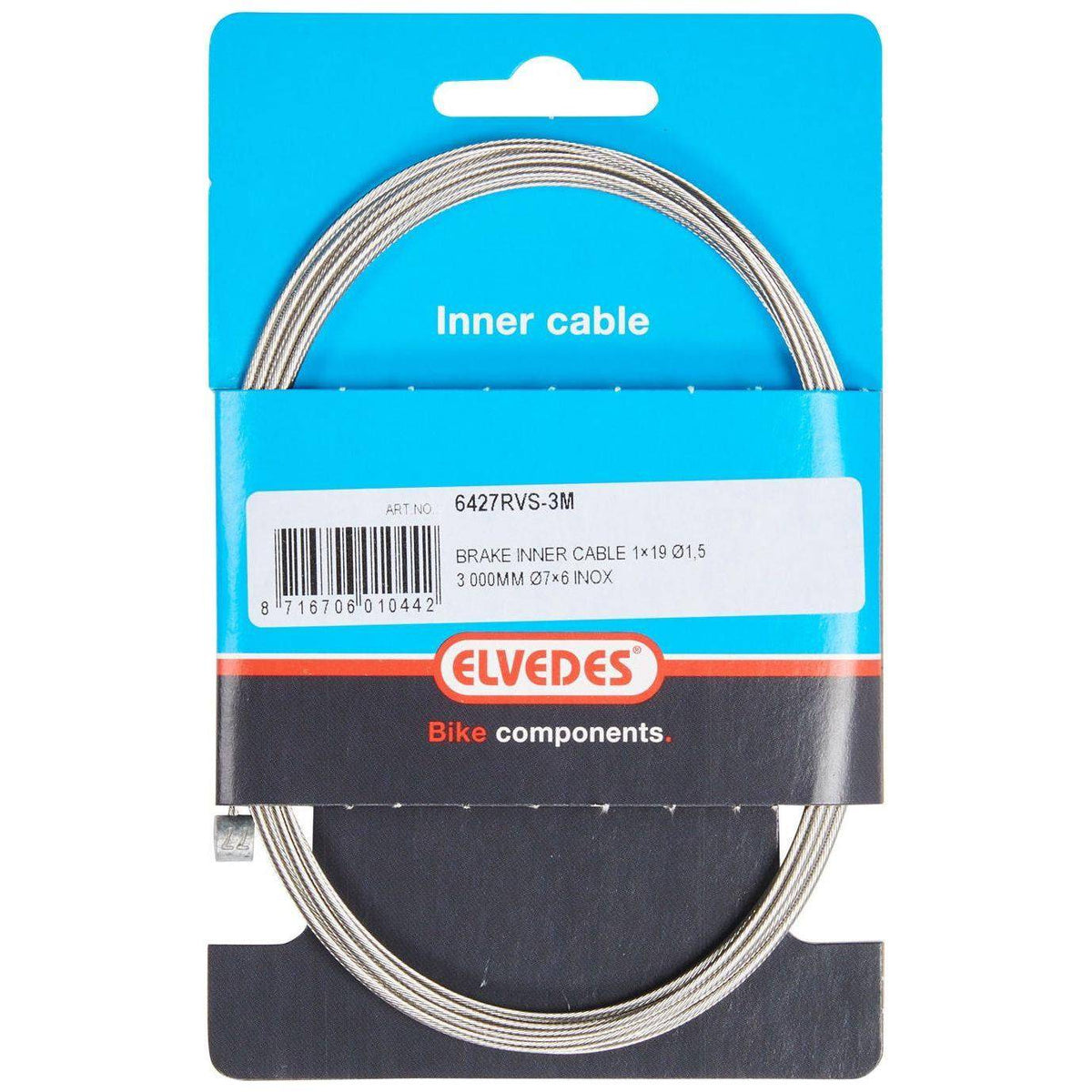 Elvedes binnenkabel met T-nippel, 3000 mm, 1×19 draad, RVS Ø1,5 mm, geschikt voor fiets of machine.