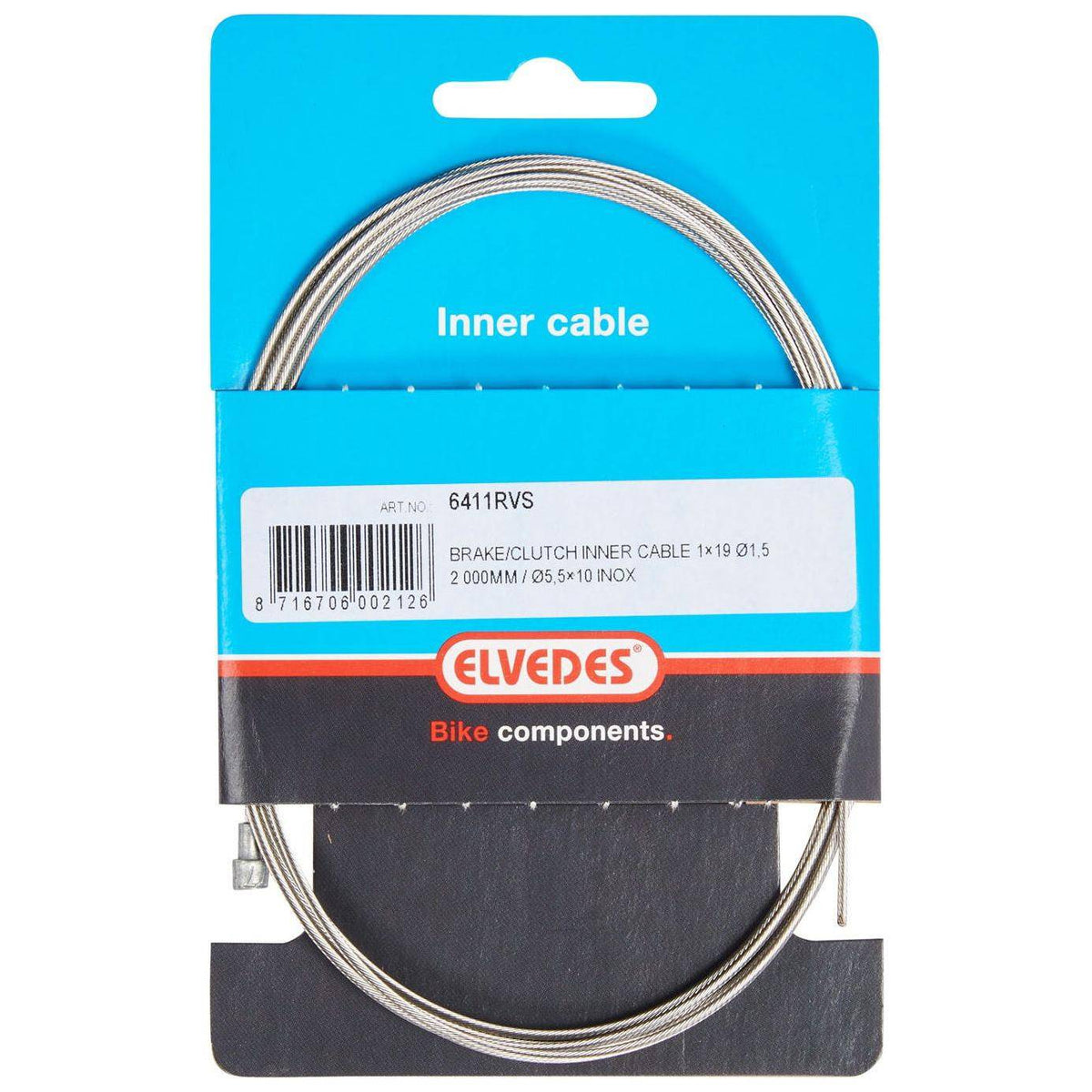 Elvedes binnenkabel Rem met RVS draad 1,5 mm, 2000 mm lang, V-nippel Ø5,5 × 10, geschikt voor nieuwe fietsen