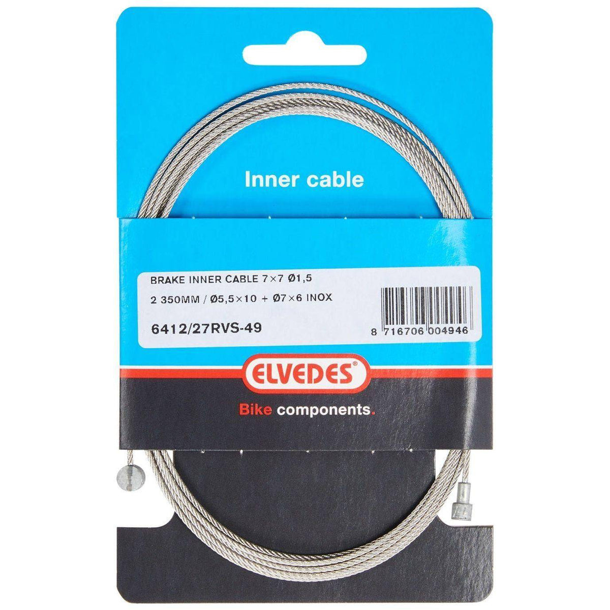 Elvedes binnenkabel met RVS 7x7 draad, V-nippel en T-nippel, 2250mm lang, geschikt voor fietsonderdelen.