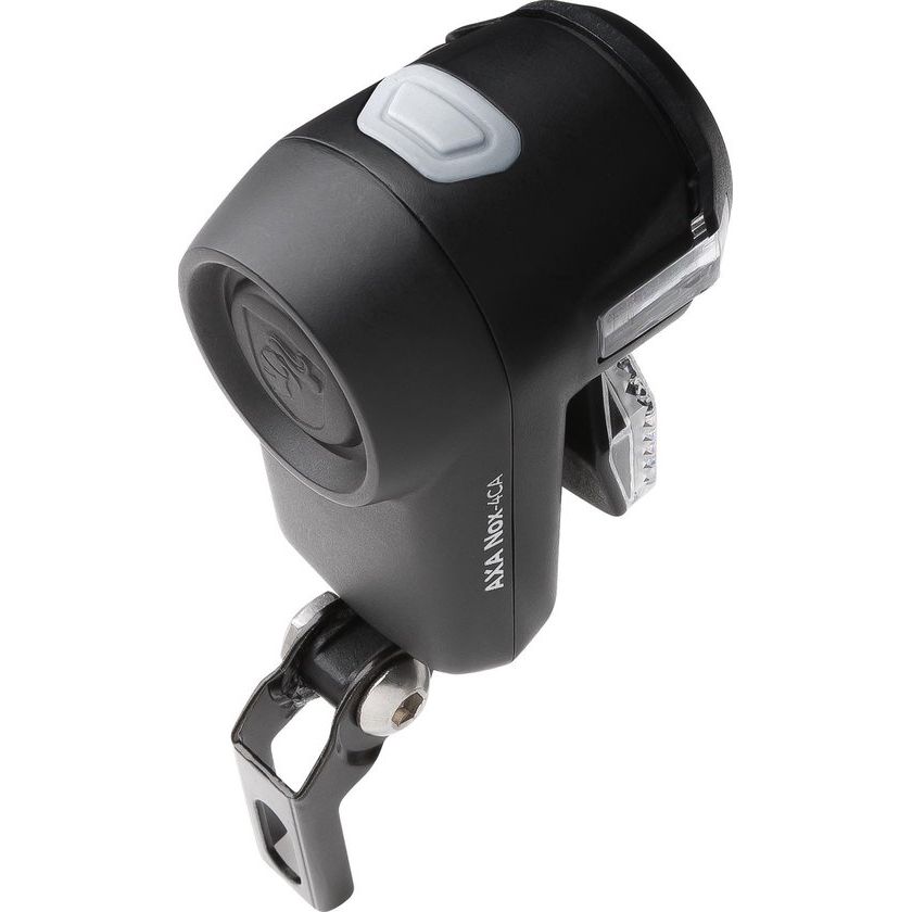 Zwarte Axa Nox City koplamp met 4 lux auto-off functie voor fietsverlichting, zichtbaar in de afbeelding.