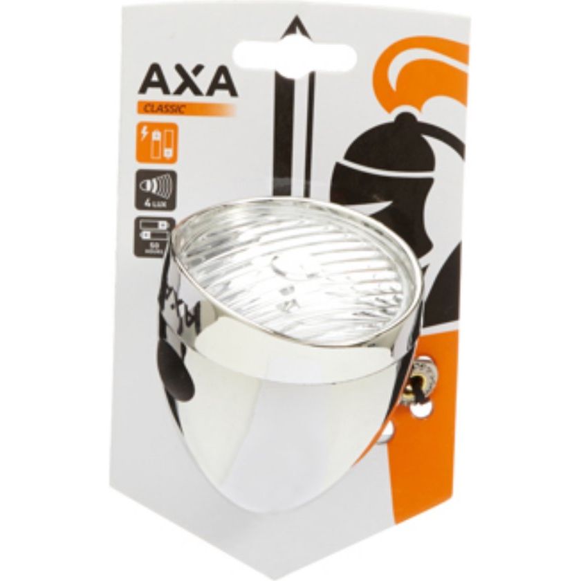 Axa Classic koplamp in zilver met batterijen, geschikt voor op kaart, helder en stevig ontwerp voor veilig fietsen.