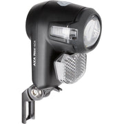 Zwarte Axa Nox City 4 Lux fietskoplamp met batterij, compacte en heldere verlichting voor stadsfietsen.