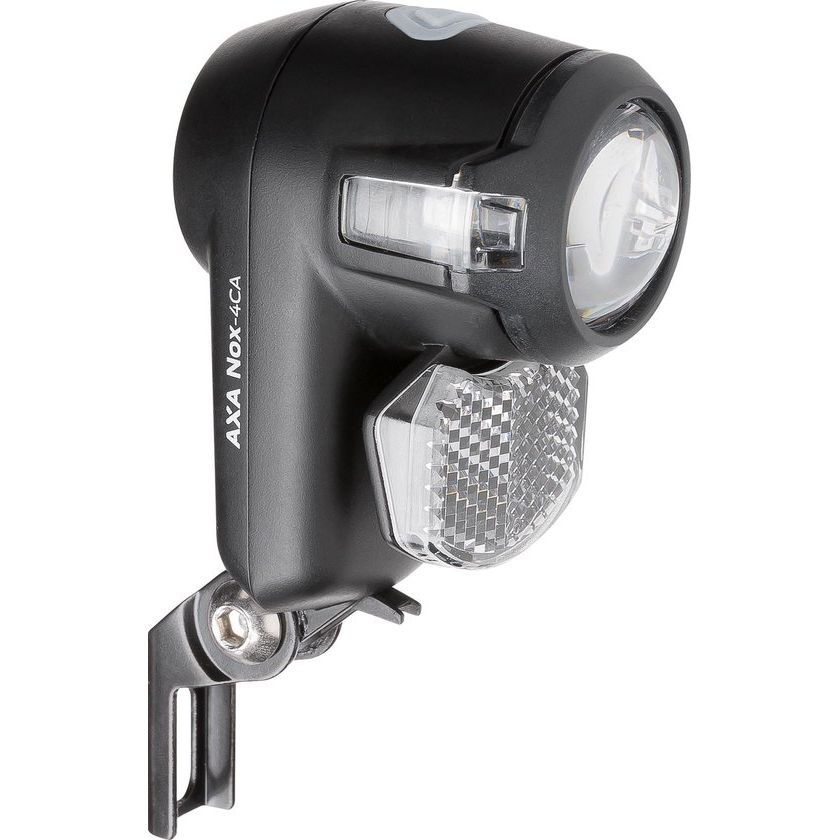 Zwarte Axa Nox City 4 Lux fietskoplamp met batterij, zichtbaar vanaf de voorkant, ontworpen voor stadsfietsen