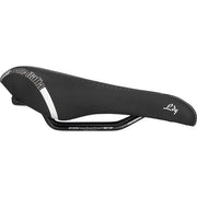 Zwart Selle Italia Lady Gel Flow Manganese L2 stadsfiets zadel met gelvulling en ergonomisch ontwerp voor comfortabel fietsen.