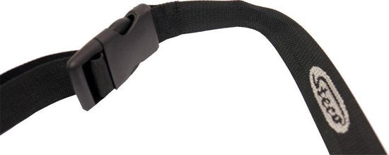 Zwart Steco Monkey-Mee spanband van kunststof met logo, ideaal als accessoire voor vervoer en bevestiging.