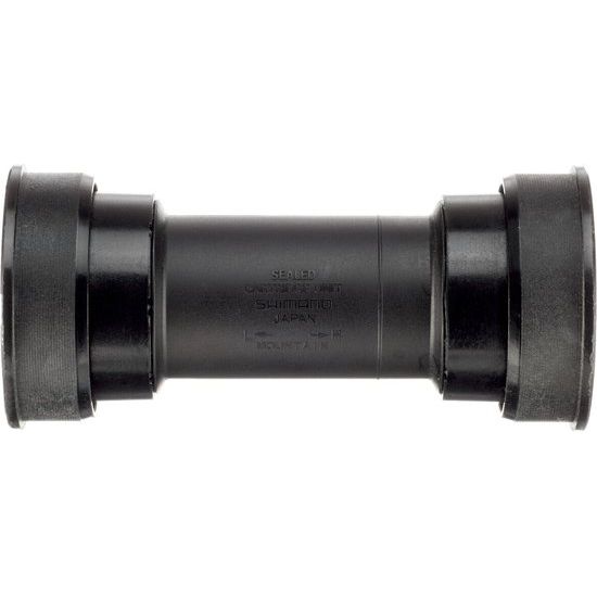Shimano XT BB-MT800 press-fit trapas, close-up van de trapas met zwarte metalen behuizing en installatieonderdelen.