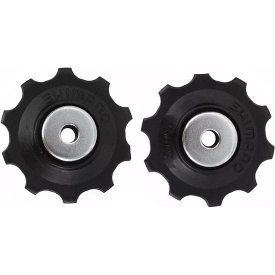 Shimano 105 RD-5700 derailleurwieltje set voor 9/10-speed, zwart, close-up van de derailleuronderdelen.