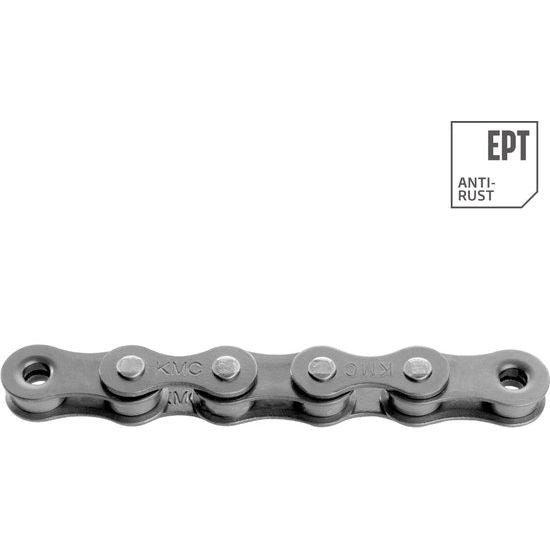KMC Z1 Wide EPT ketting voor single speed fietsen, donker zilver, 112 schakels, 1/2" x 1/8" in close-up.
