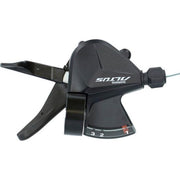 Shimano Altus SL-M2010 3-speed shifter links in zwart, zichtbaar op de afbeelding met bedieningsknoppen en kabel.