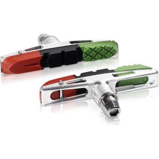 Set van vier XLC V-brake remblokken Bs-V13, 72 mm, rood, zwart en groen voor V-brakes op fiets.