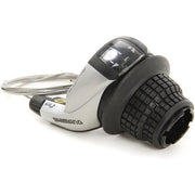 Shimano SL-RS45 Tourney 3-speed shifters links in zwart en zilver, voor eenvoudige fietsversnellingen.