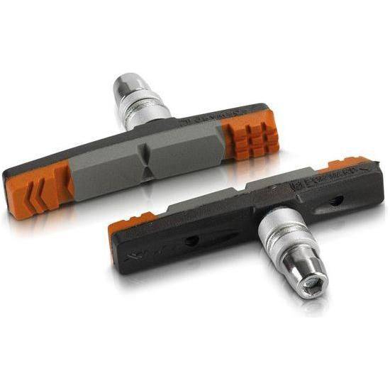 Set van vier XLC V-brake remblokken Bs-V09, zwart, grijs en oranje, geschikt voor V-brake remmen, 70 mm lang.