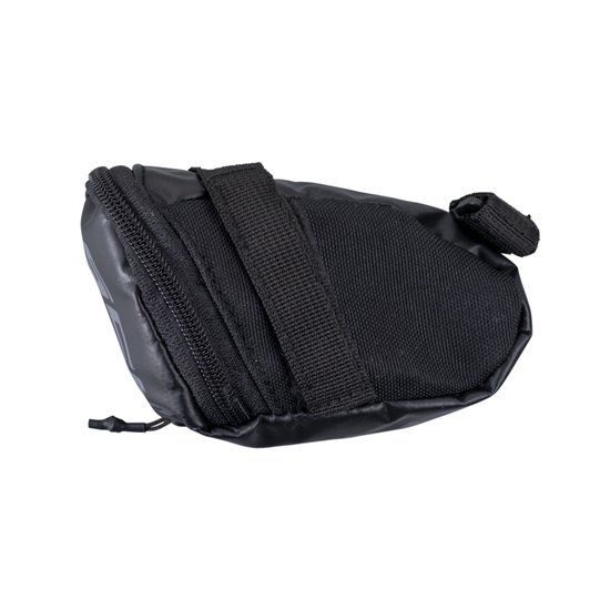 Zadeltas van Schwalbe in zwart met binnenband SV17 en twee bandenlichters, geschikt voor fietsreparaties.