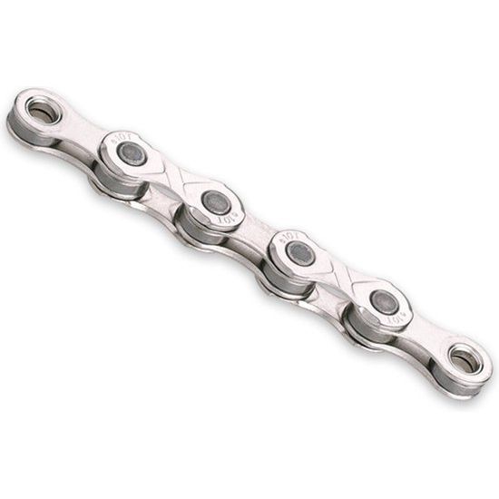 KMC E10 10-speed ketting met 122 schakels, nikkel-geplateerd, zilver kleur, geschikt voor snelle fietsen.