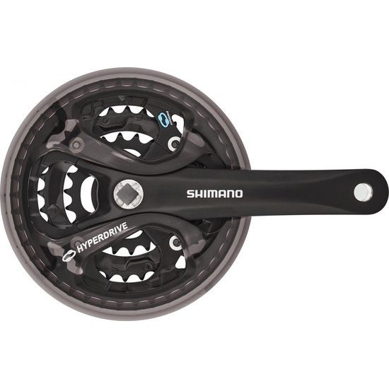 Shimano Acera M361 stadsfiets crankstel met 42/32/22 tanden in zwart, geschikt voor 7/8 versnellingen, zichtbaar op de afbeelding