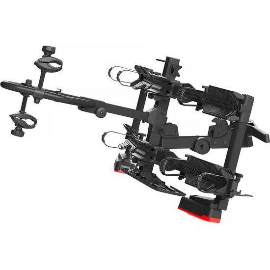 Zwarte Hapro Atlas Xfold II 2F fietsendrager voor trekhaak, kantelbaar en geschikt voor 13-polige aansluitingen.