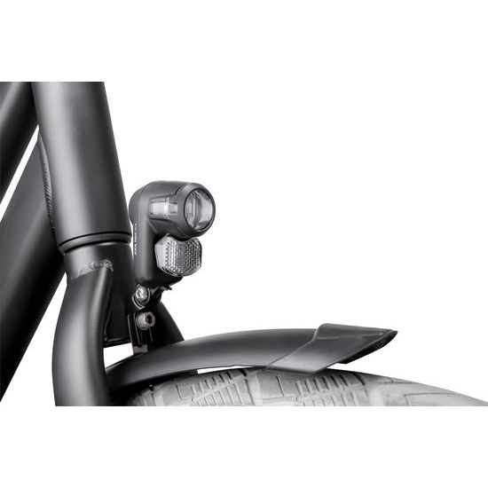 Zwarte Axa Nox City 4 Lux koplamp met batterij voor fiets, zichtbaar op de afbeelding.