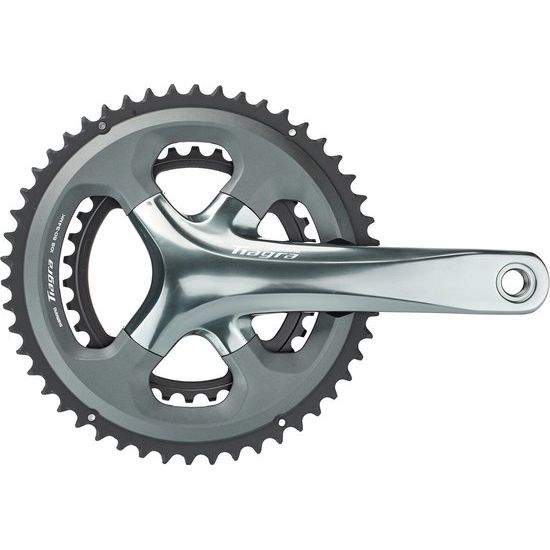 Shimano Tiagra FC-4700 racefiets crankstel met 2x10 versnellingen en holle as, zichtbaar met kettingrekken en crankarm.