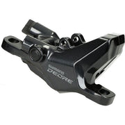 Shimano Deore Br-M6100 hydraulische remklauw met twee zuigers voor post mount fietsremmen, zwart, zichtbaar in close-up.