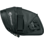 Zwarte SKS Explorer straps zadeltas van 0,5 liter voor fiets, zichtbaar met bevestigingsriemen en compacte vorm.