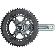 Shimano Tiagra FC-4700 racefiets crankstel met 2x10 versnellingen en holle as, zichtbaar van voren op de fiets.