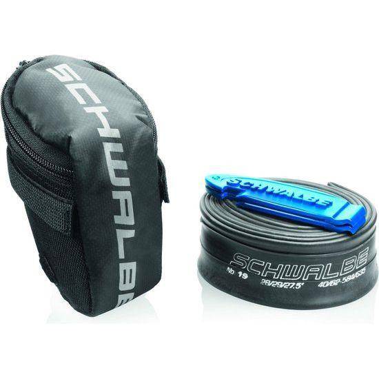 Schwalbe zadeltas met binnenband SV17 en twee bandenlichters, compacte fietstas voor extra opbergruimte en accessoires.