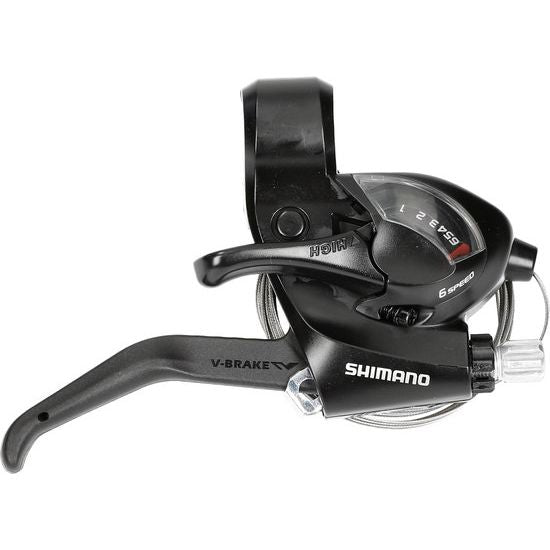 Shimano ST-EF41 6-speed rechter shifter met remhendel in zwart, geschikt voor mountainbike en stadsfiets.
