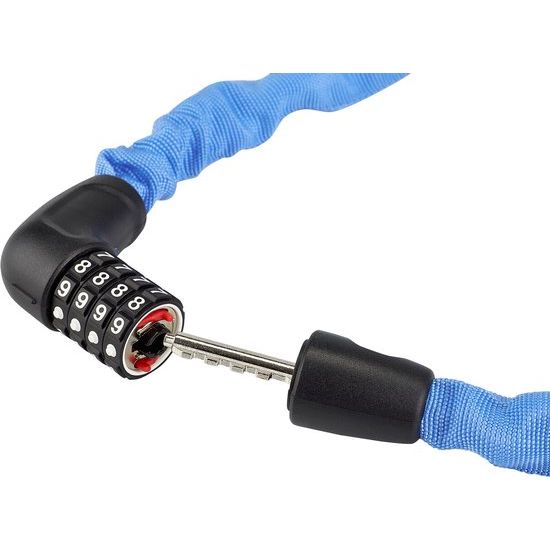 Abus Steel-O-Chain 5805C kettingslot, 75 cm lang en 5 mm dikke ketting, met code, liggend op een witte achtergrond
