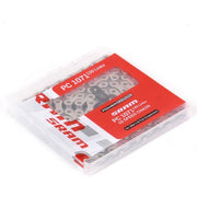 Zilveren Sram PC1071 ketting voor 10 snelheden met 114 schakels en hollow pin constructie, geschikt voor fiets.
