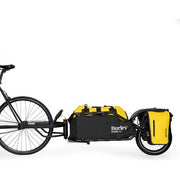 Burley Coho XC 22L gele en zwarte fietstassen set met roltop, geschikt voor e-bike en stadsfietsen, zichtbare inhoud en bevestiging.